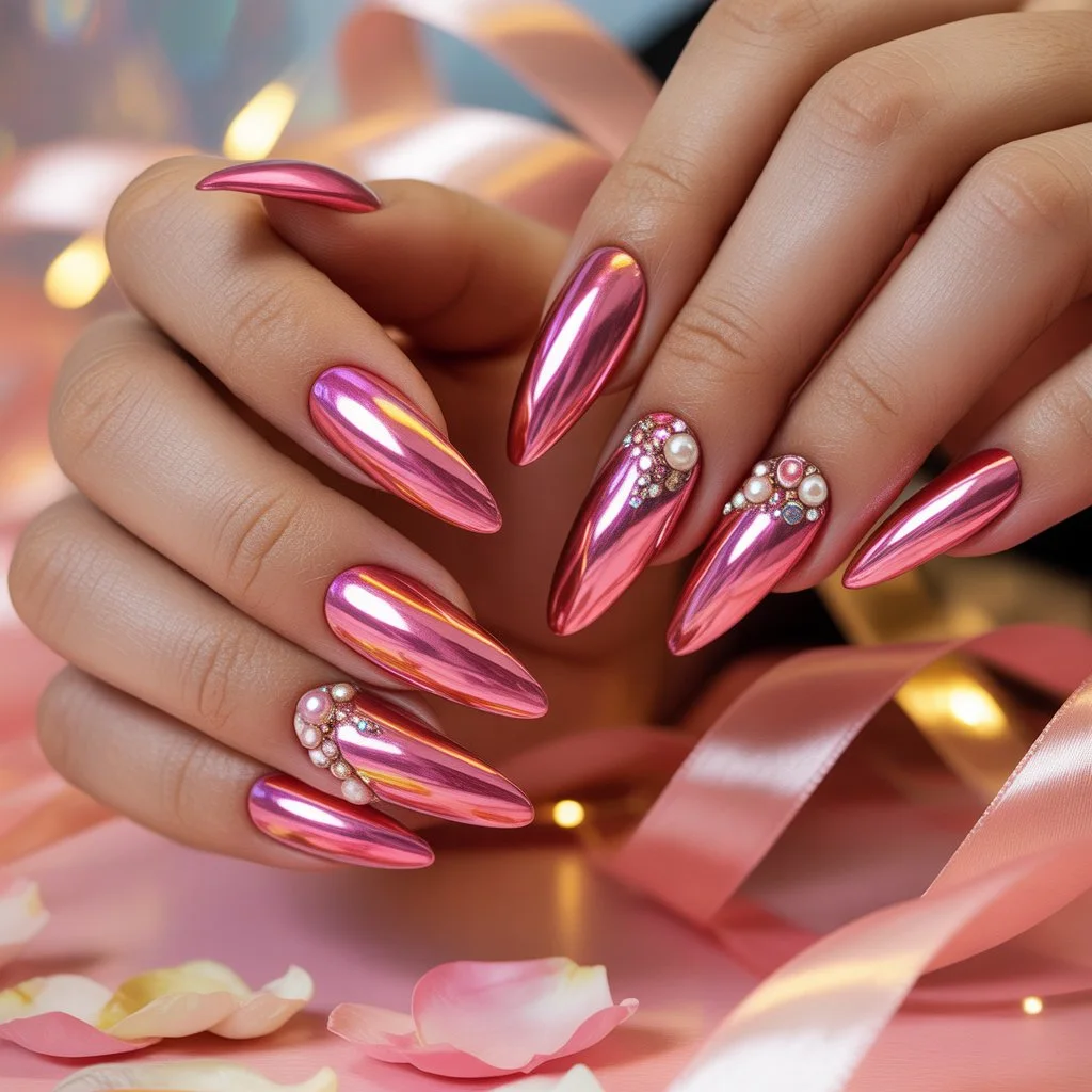 Pink Chrome Birthday Shine Nails