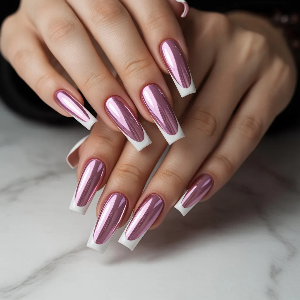 Pink Chrome French Nails