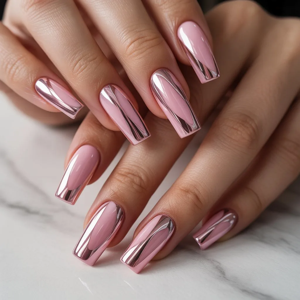 Pink Chrome Stroke Gel Nails