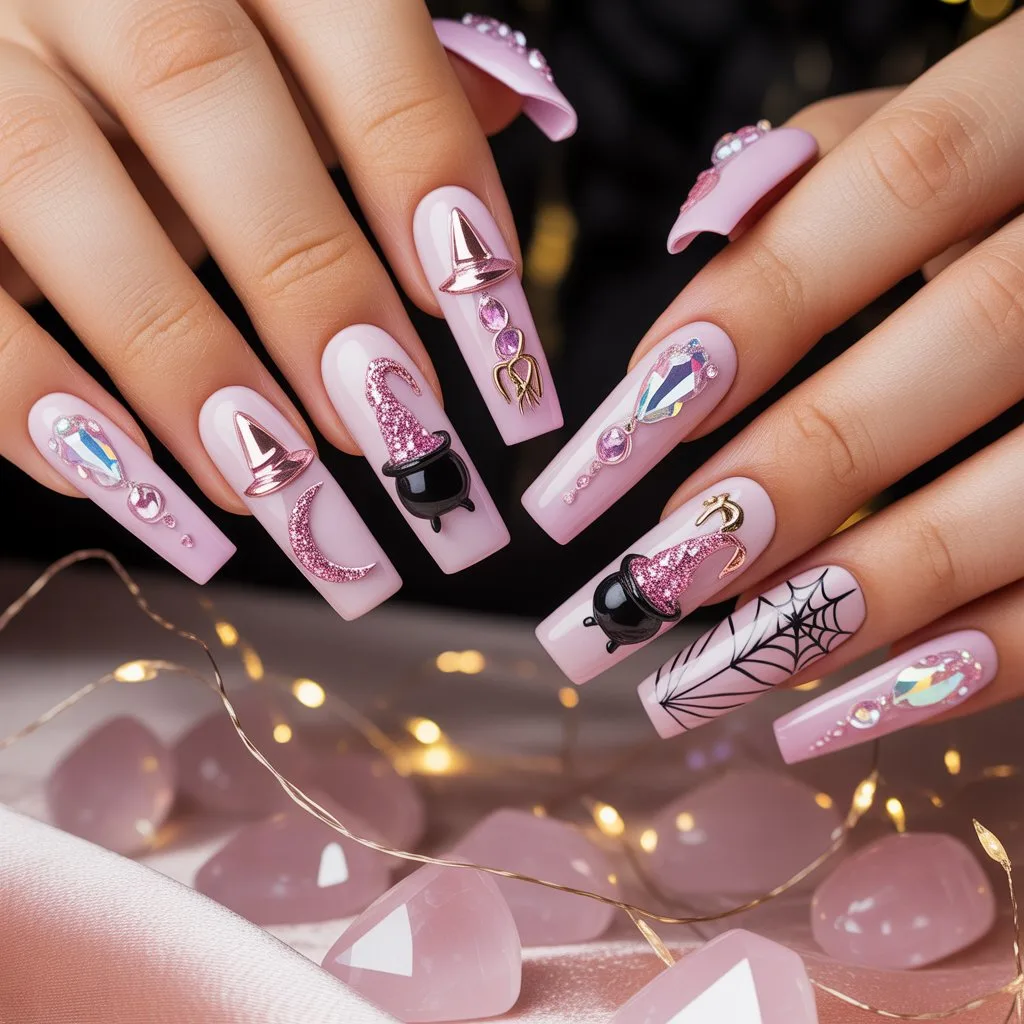 Pink Crystal Witch Nails