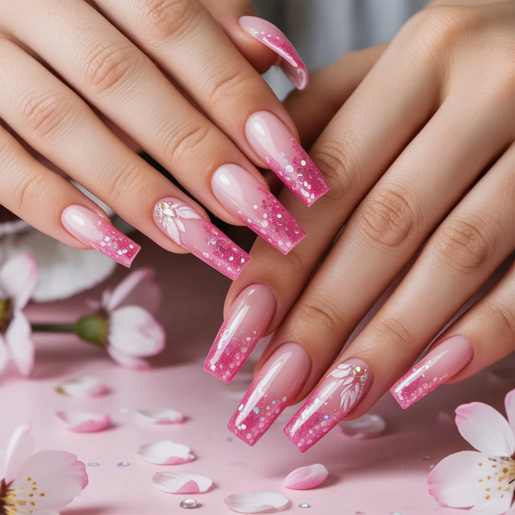 Pink Glitter Spring Fade Nails