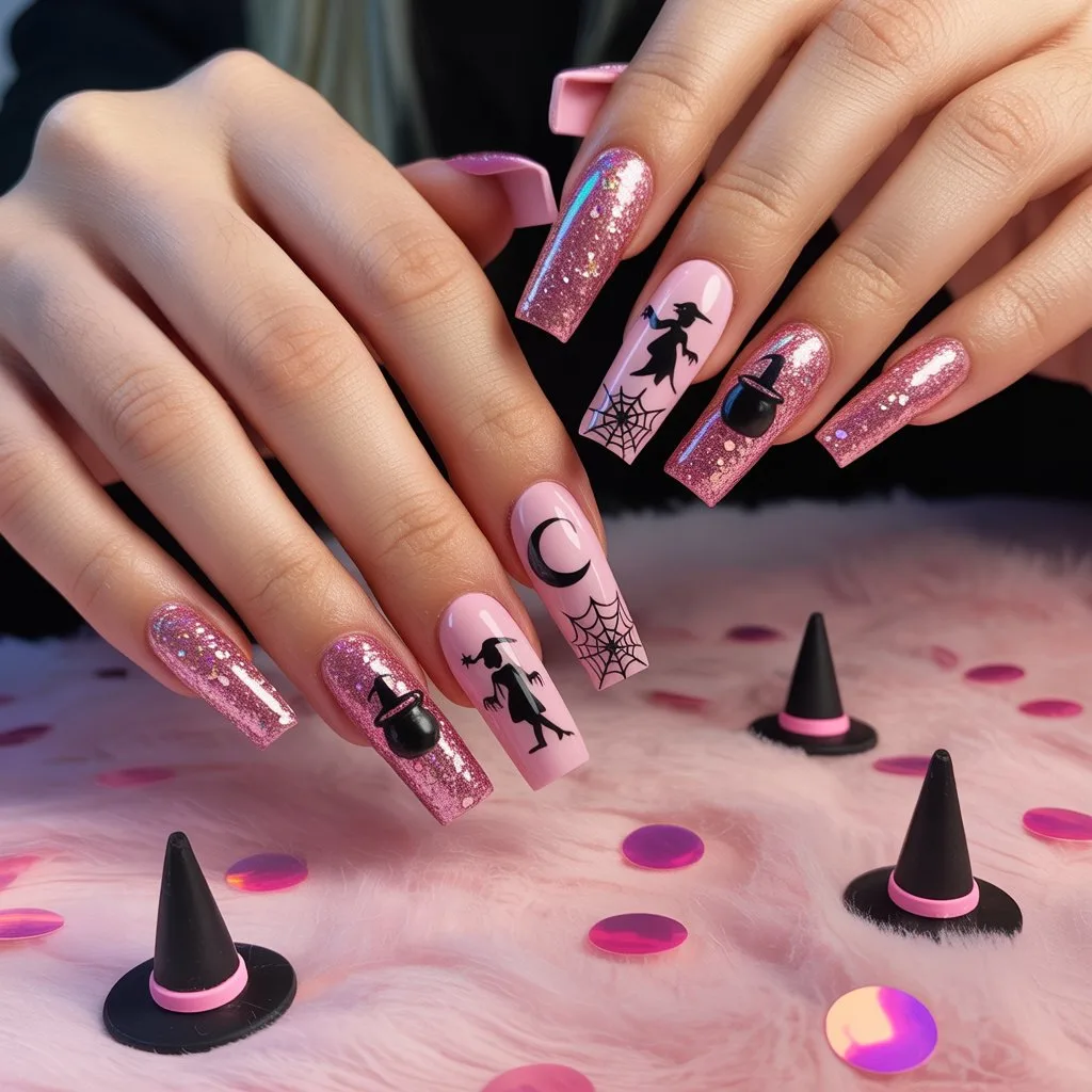 Pink Glitter Witch Nails