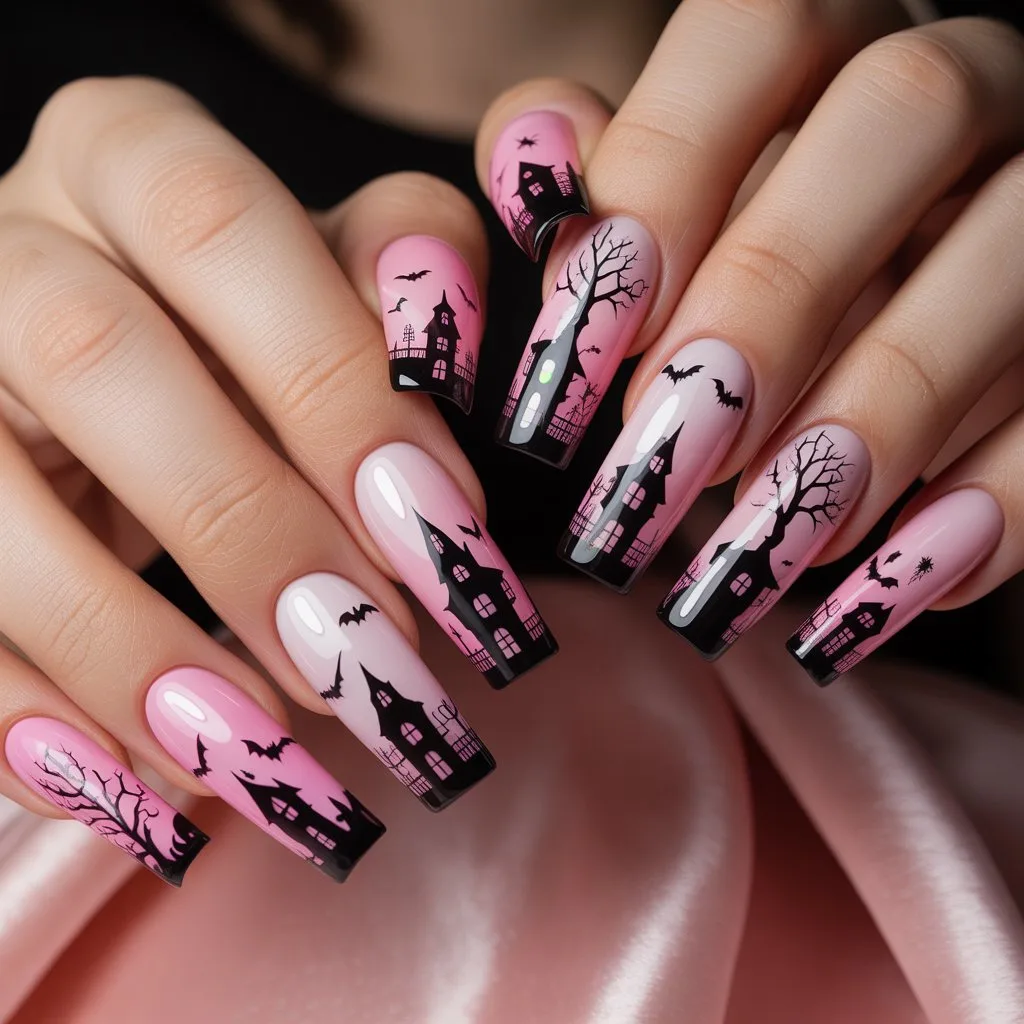 Pink Haunted House Silhouette Nails