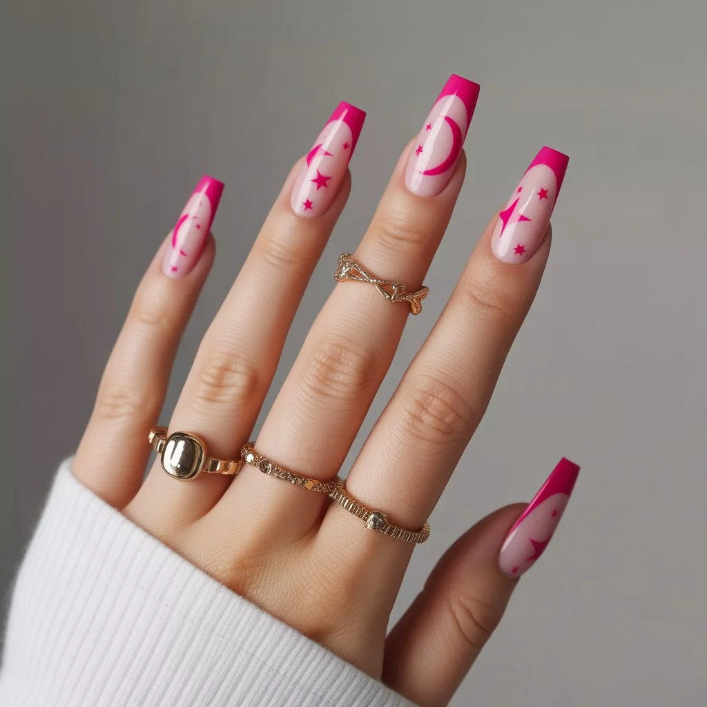 Pink Moon & Stars Nails