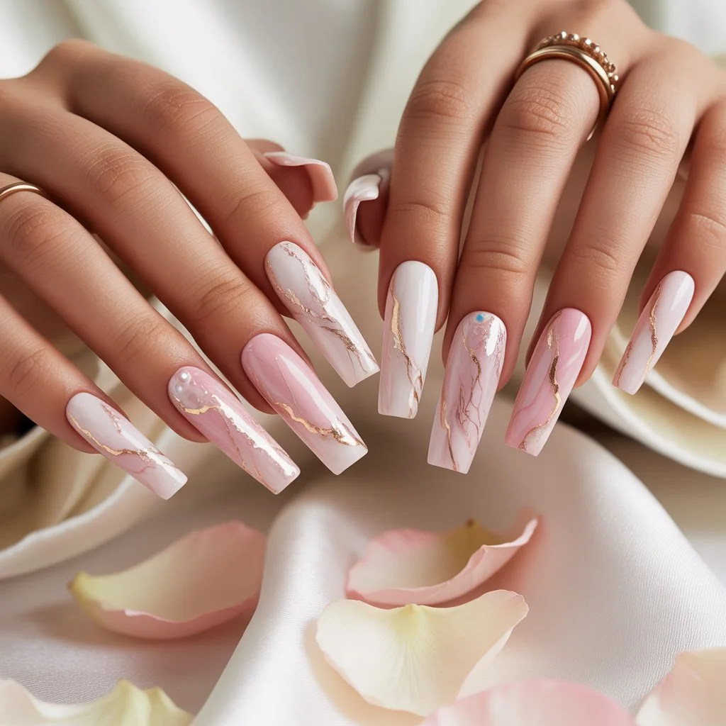 Pink Quartz Bridal Marble Nails