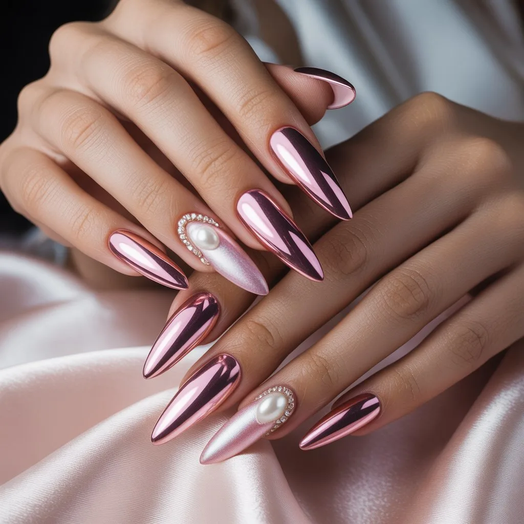 Pink Satin Chrome Bridal Nails
