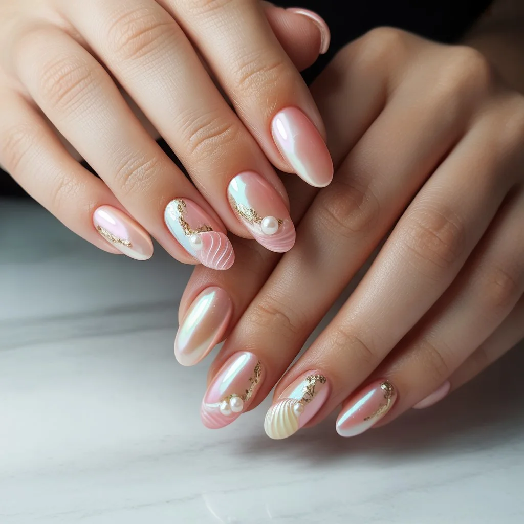 Pink Shell Pearl Almond Nails 