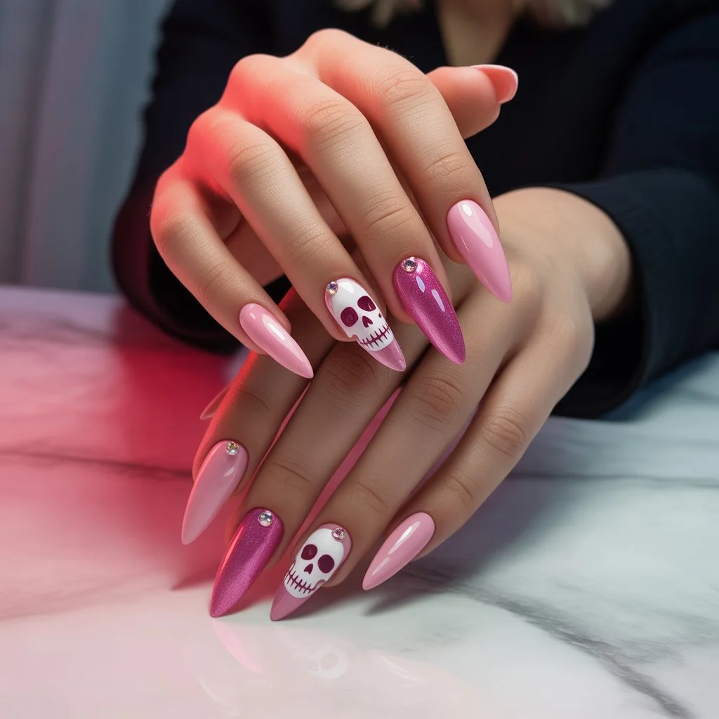 Pink Skull Accent Nails