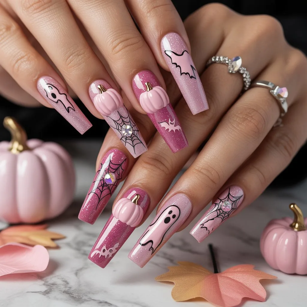 Pink Sparkle Pumpkin Patch Nails