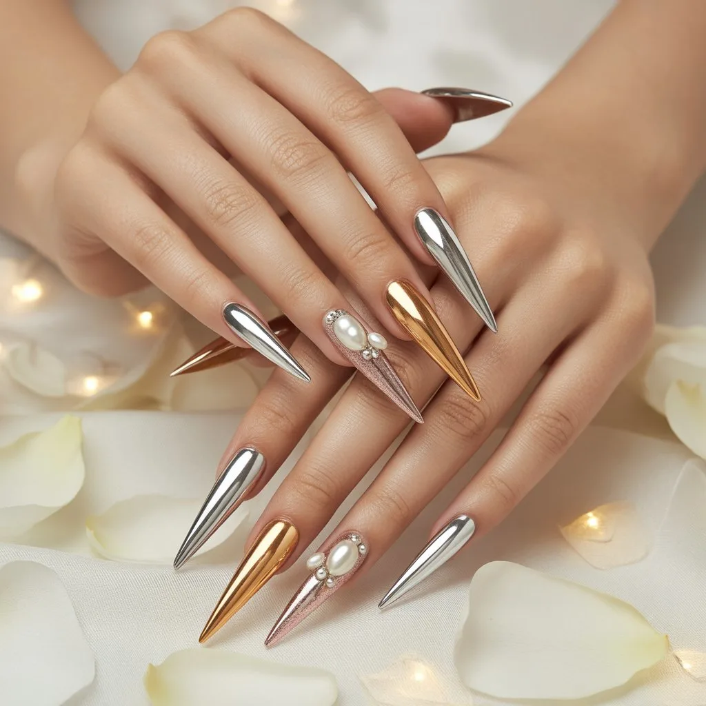 Platinum-Gold Chrome Mix Nails