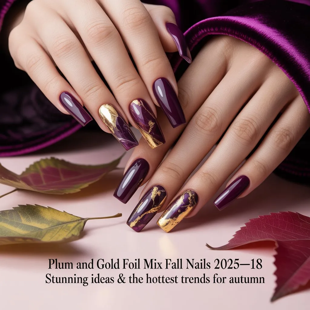 Plum and Gold Foil Mix Nails