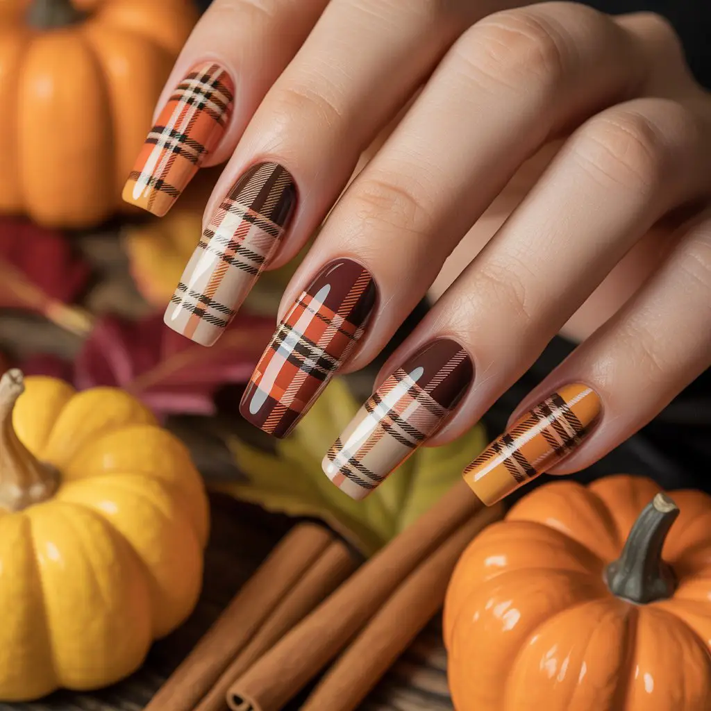 Pumpkin Spice Plaid Nails