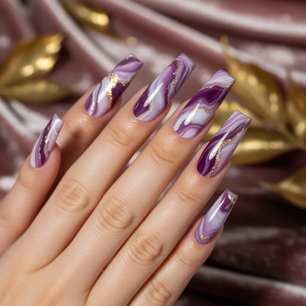 Purple Marble Stone Nails