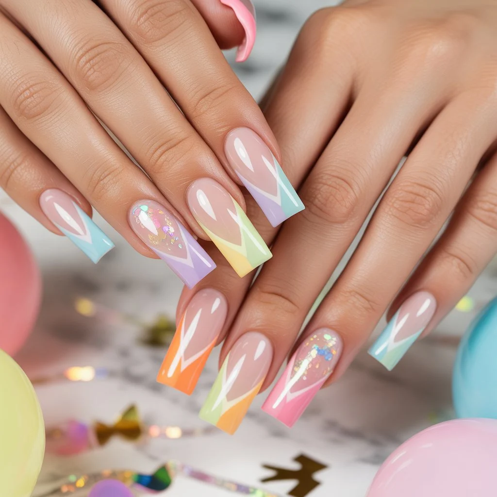 Rainbow French Birthday Tips Nail