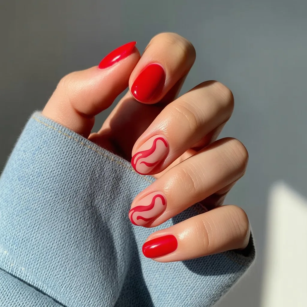 Red Abstract Wave Nails