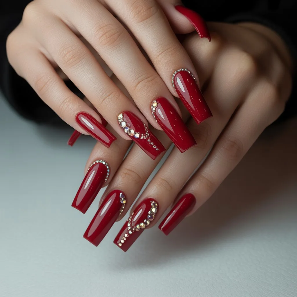 Red Acrylic Nails With Rhinestones Nail