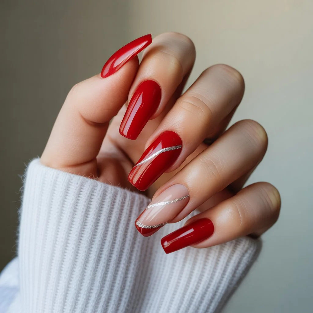 Red Acrylic Nails With Silver Lines