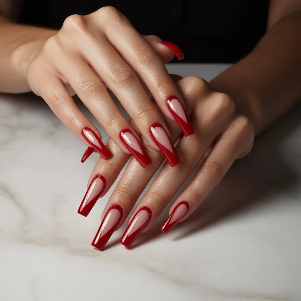 Red Acrylic With Nude Cutouts Nails