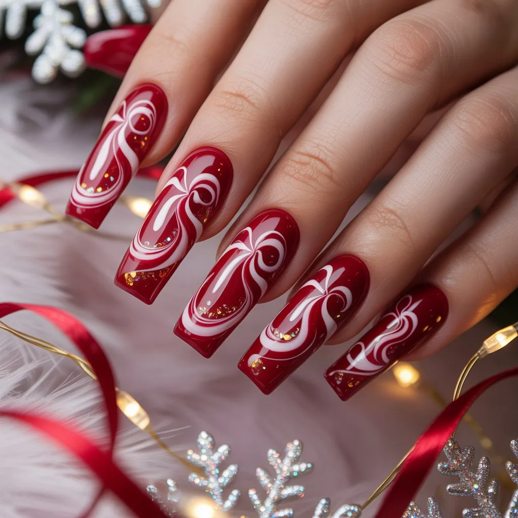 Red Candy Swirl Acrylic Nails