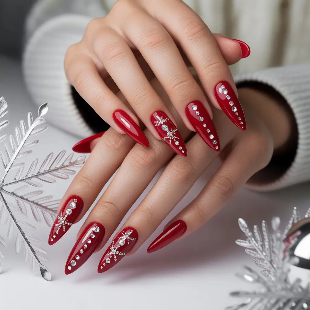 Red Crystal Dot Accent Nails