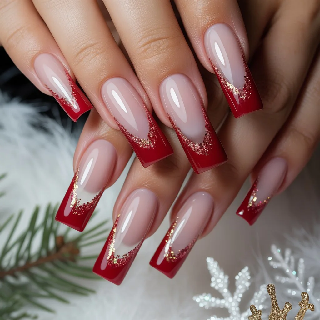 Red French Tips with Glitter Edges