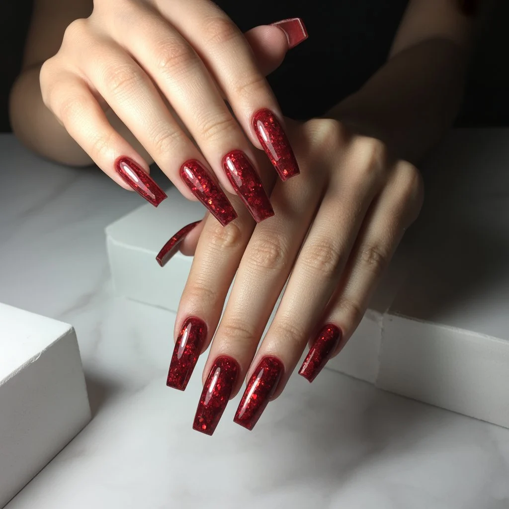 Red Glitter Acrylic Nails