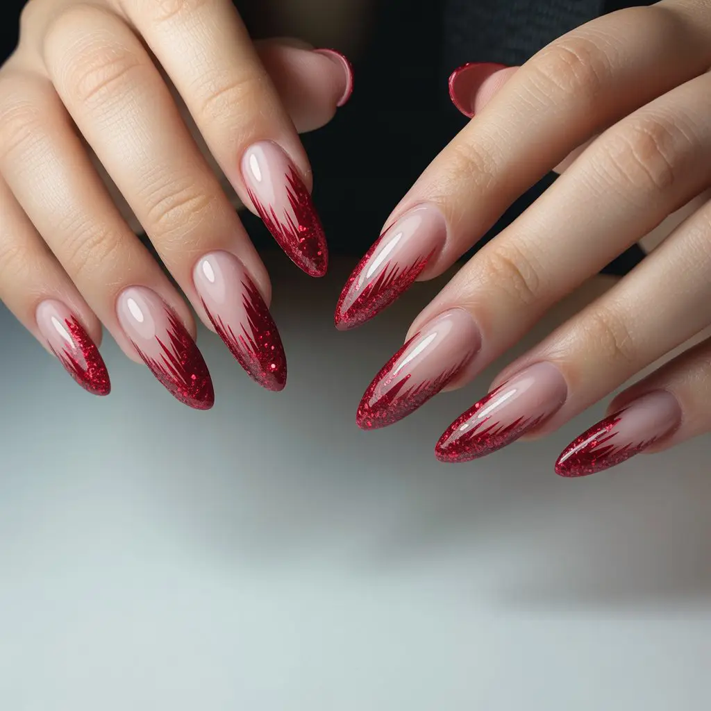 Red Glitter Fringe French Tips Nail