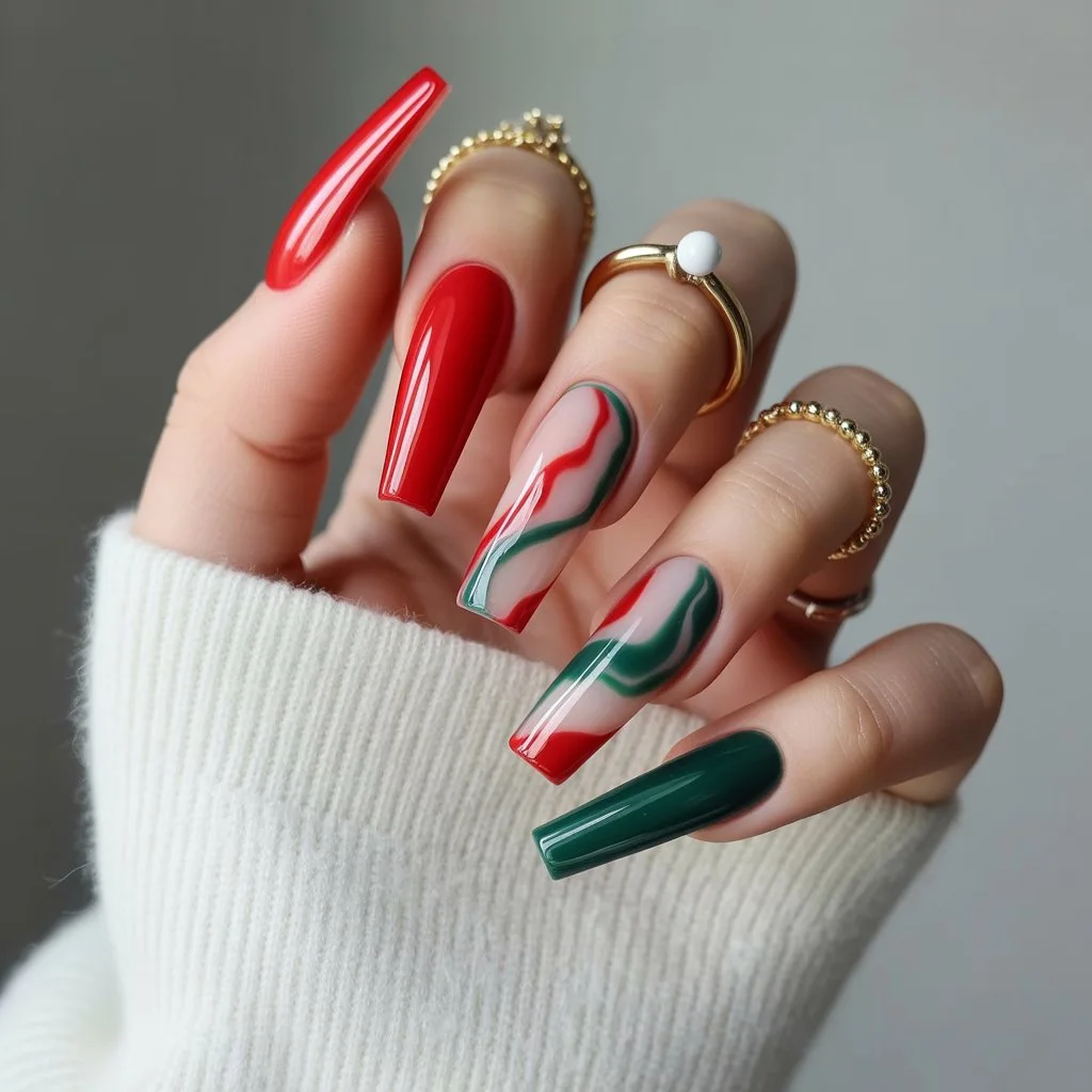 Red & Green Marble Acrylic Nails