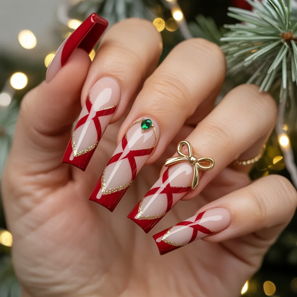 Red Ribbon Accent Nails