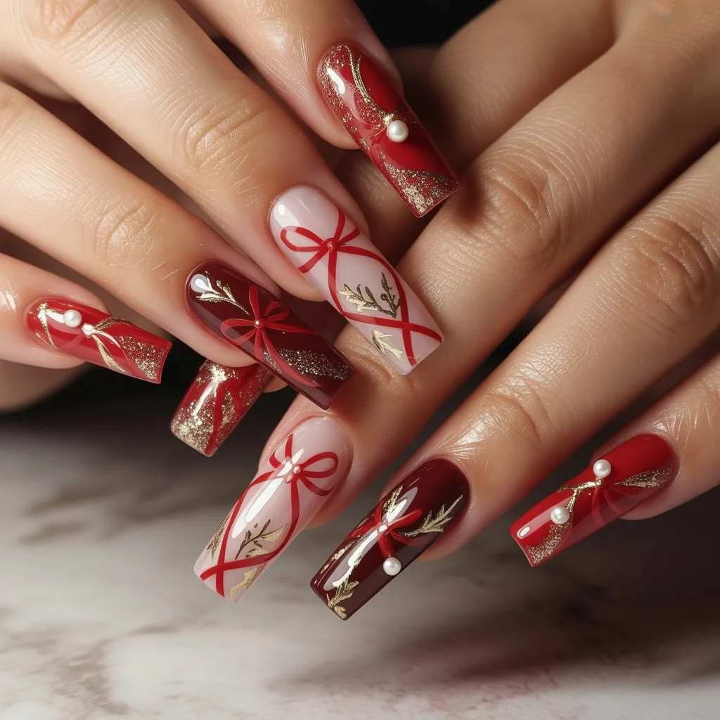 Red Ribbon Gel Accent Nails