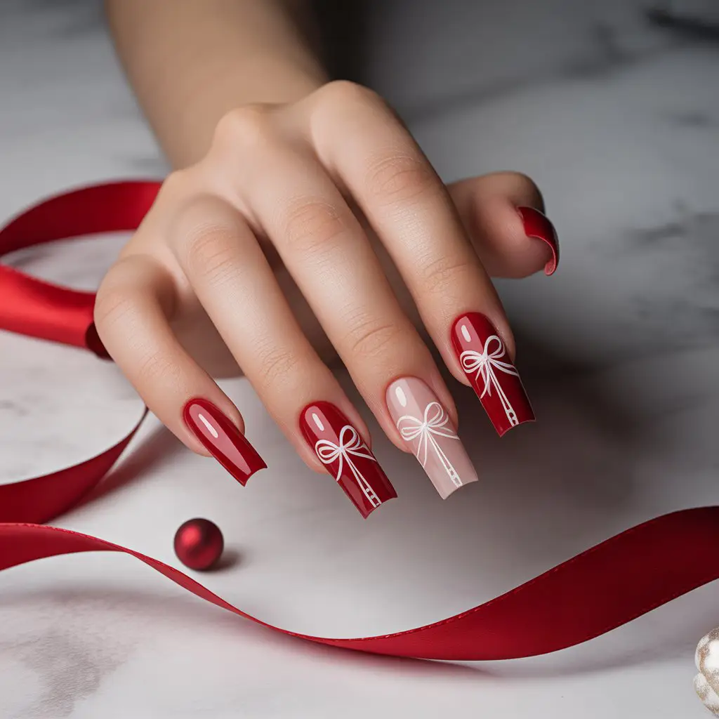 Red Ribbon Minimal Nails