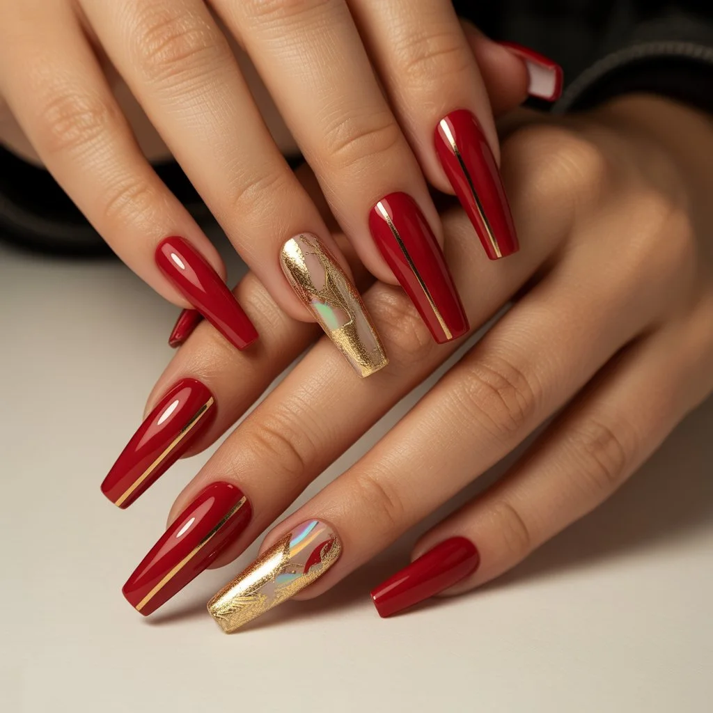 Red with Gold Edge Striping Nails