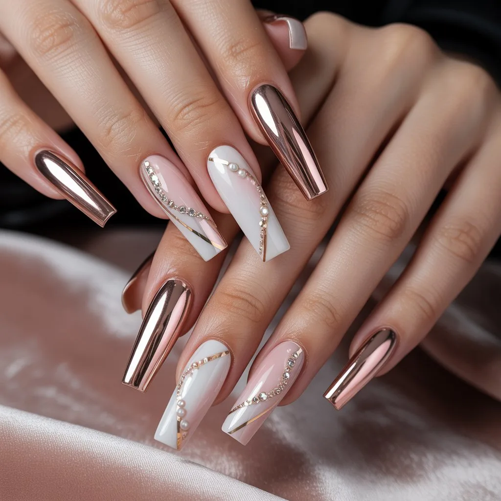 Rose Gold Birthday Chrome Nails