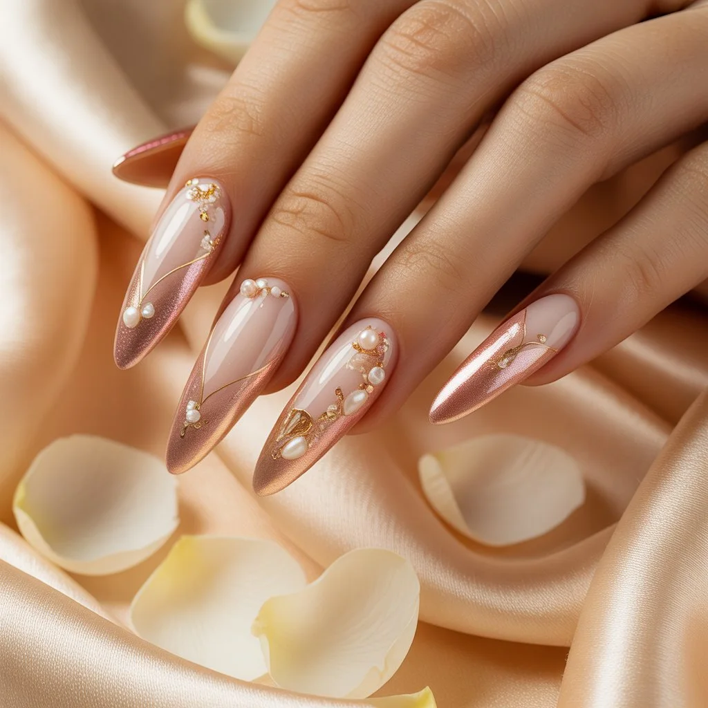 Rose-Gold Sheen Bridal Nails