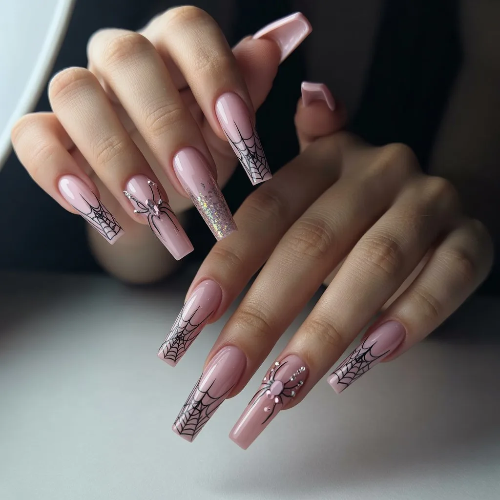 Rosy Cobweb Corner Nails