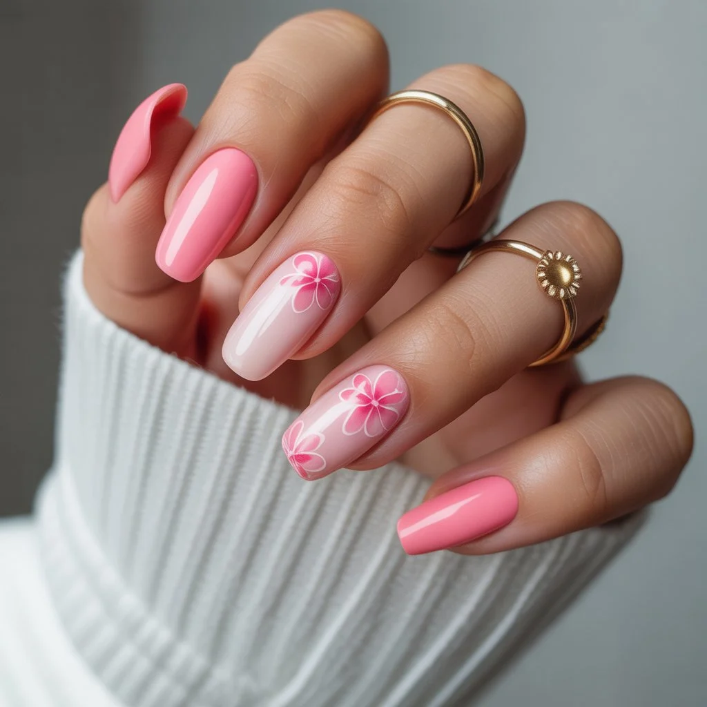 Rosy Hibiscus Gel Nails