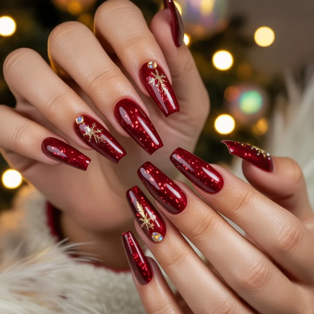 Ruby Red Acrylic Shimmer Nails