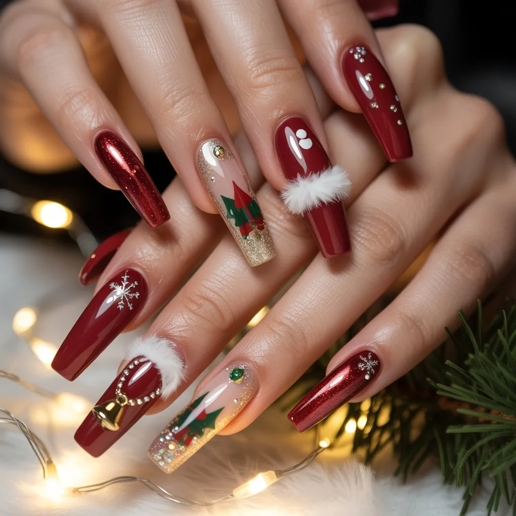 Santa Hat Accent Acrylic Nails