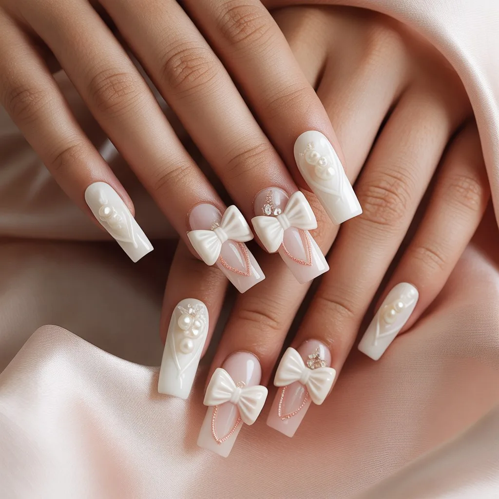 Sculpted Bow Bridal Acrylics Nail