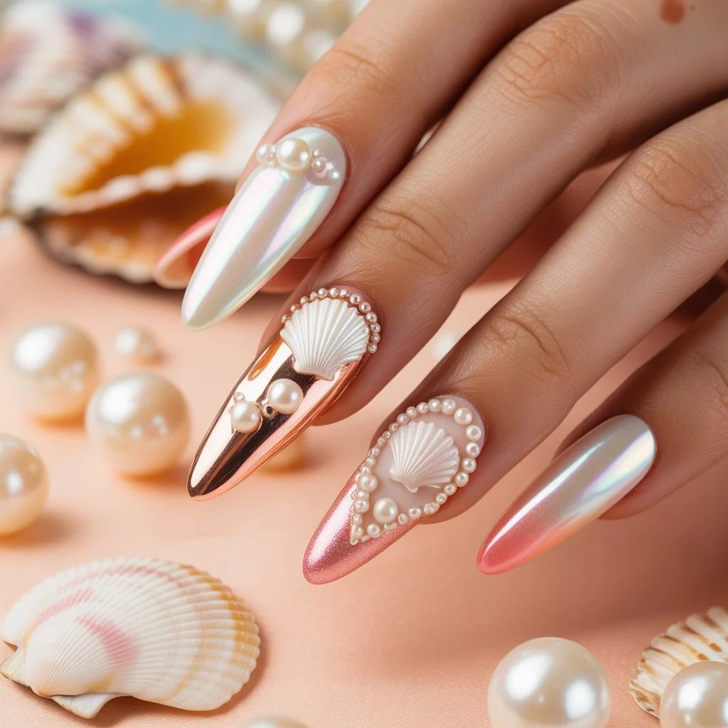 Seashell Pearl Birthday Nails
