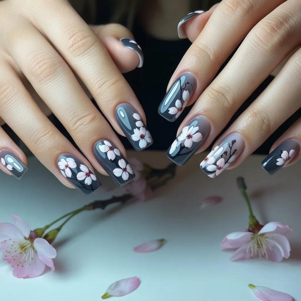 Sheer Black Blossom Nails