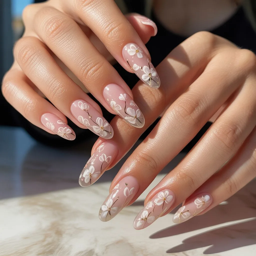 Sheer Pink Micro-Floral Gel Nails