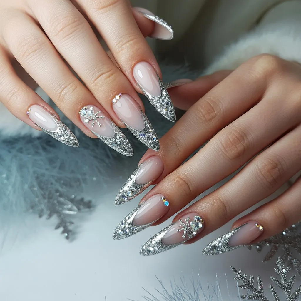 Silver Crystal Long French Nails