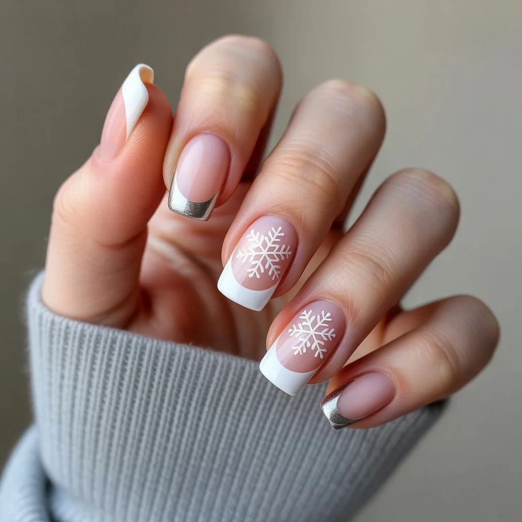 Silver-Edge Snowflake French Nails