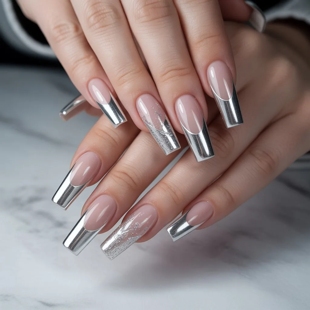 Silver-Gleam Winter French Tips Nail