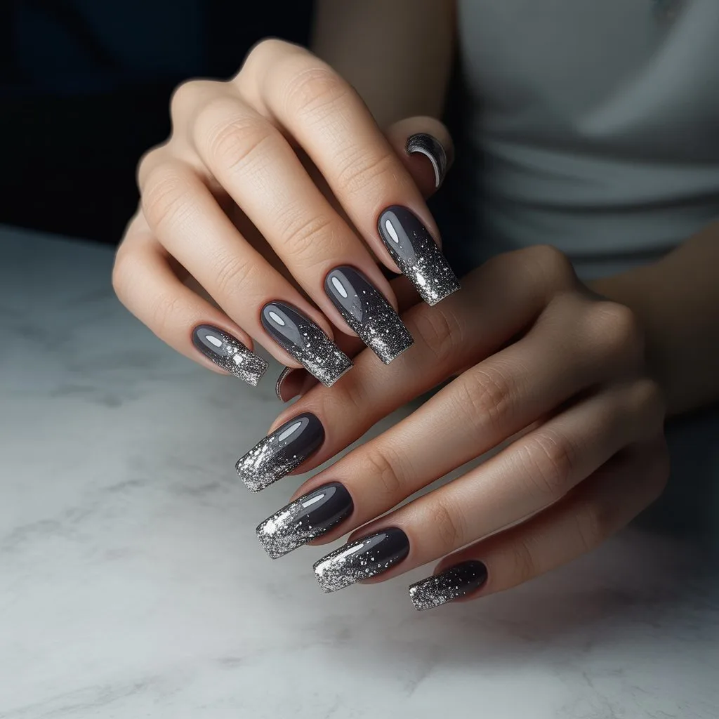 Silver Glitter Fade Gel Nails