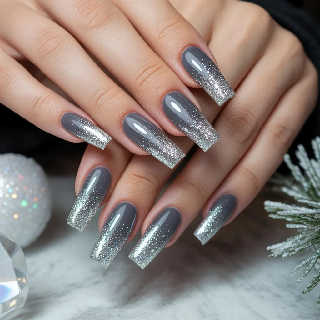 Silver Glitter Fade Nails