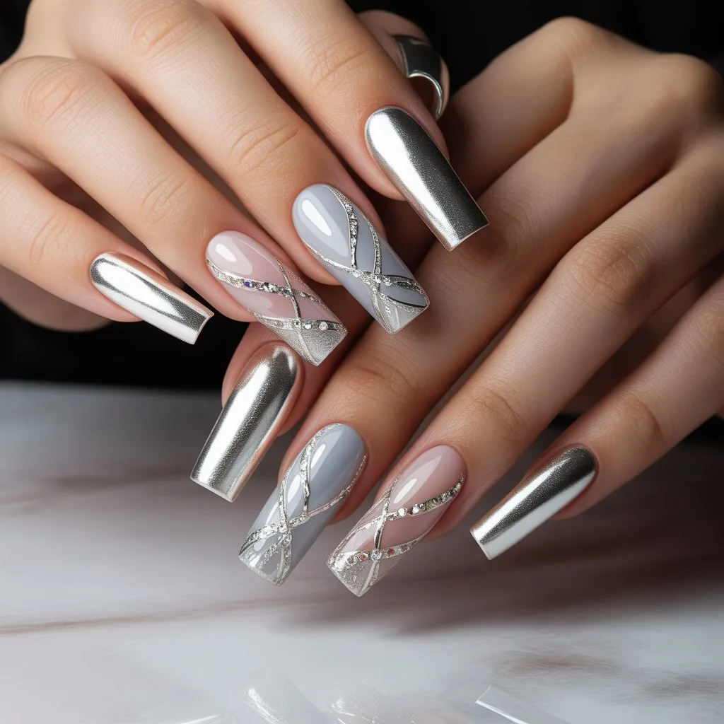 Silver Ribbon Accent Nails