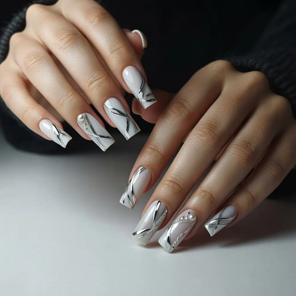 Silver Ribbon Winter Accent Nails