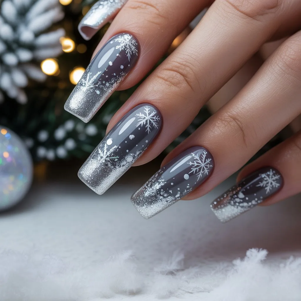 Silver Snowfall Acrylic Nails 